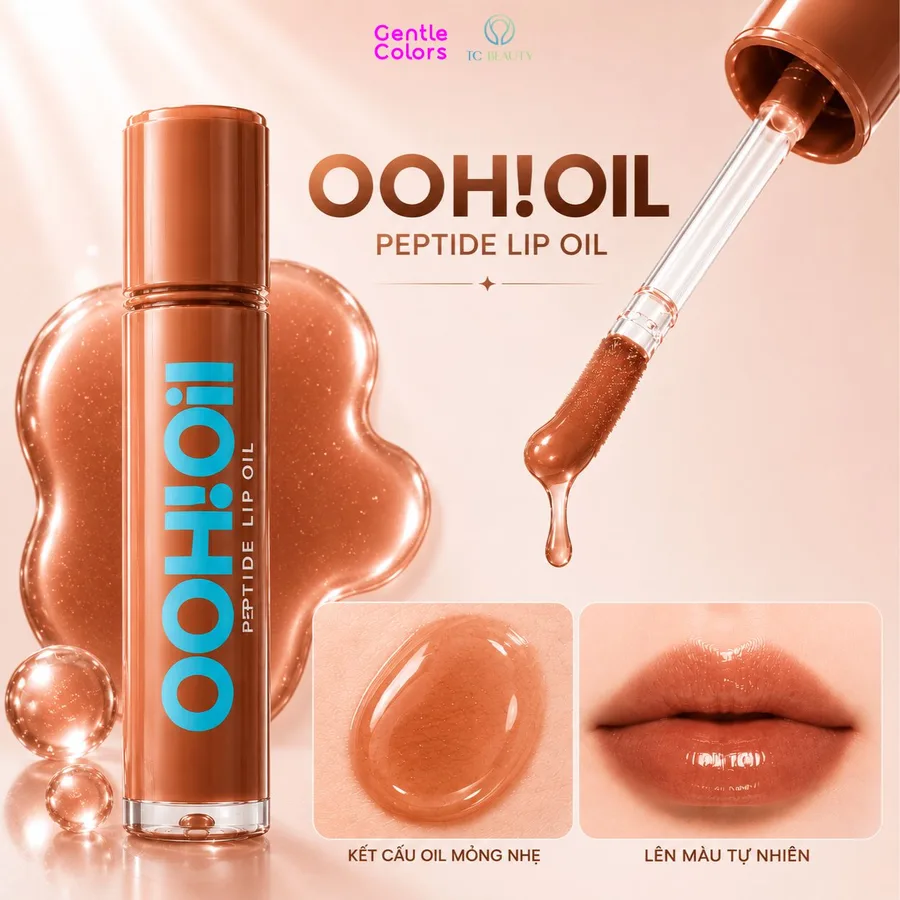 Gentle Colors OOH Oil 04 Billion Brown: kết cấu dầu mỏng và màu trên môi