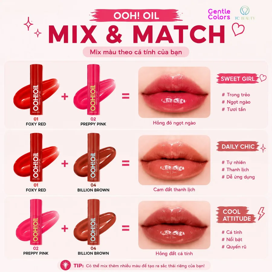 Gợi ý phối hai màu Gentle Colors OOH Oil: 01 với 02, 01 với 04, 02 với 04